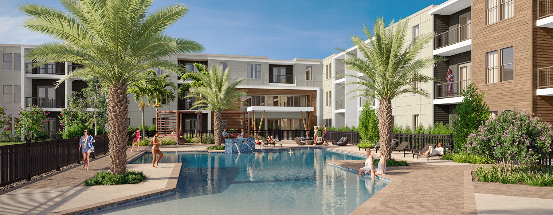 rendering of pool showing tropical landscaping views, ample space, and reclining seating 